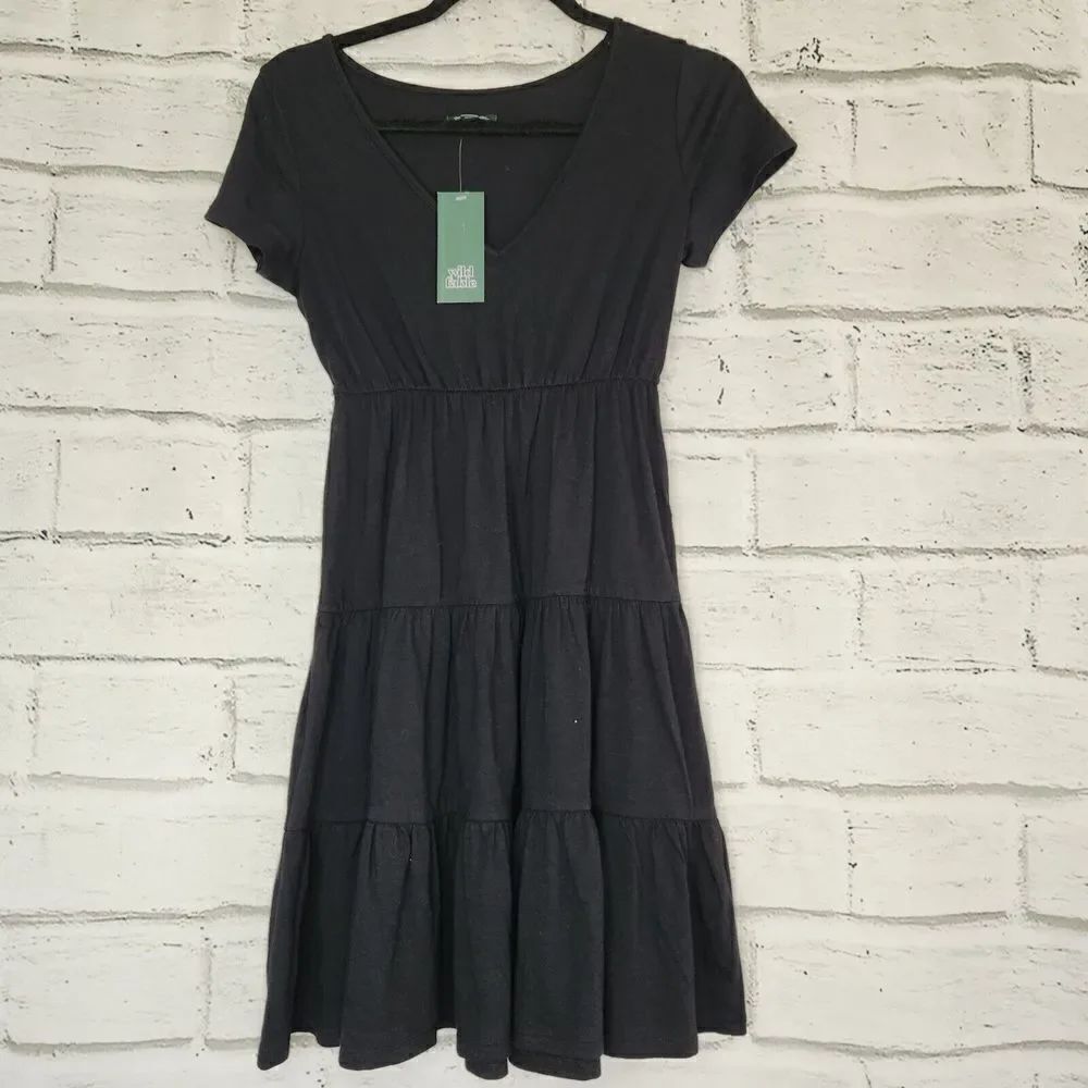 Wild Fable Short Sleeve 100% Cotton Fit And Flare Solid Black Dress Womens XS